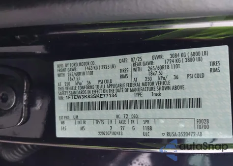 2025 Ford F-150 Xlt from USA, damaged, VIN 1FTEW3K83SKE77134